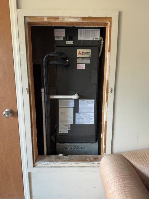 AC Install in Dayton — Mitsubishi ducted hyper heat heat pump system with air handler, backup electric heat, and smart communicating thermostat